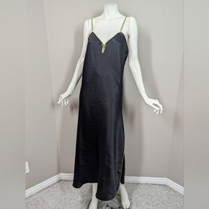 Simon Chang Slip Dress Black Satin Maxi with Lime Green Trim Y2K Minimalist